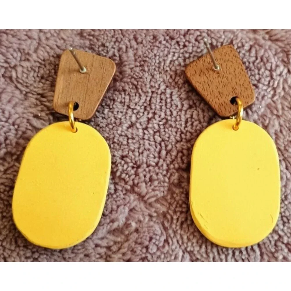 Yellow Textured Geometric Dangle Earrings Faux Wood Accent Boho